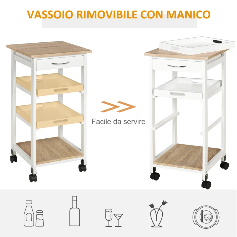 HOMCOM Carrello da Cucina con Ruote, 2 Ripiani Rimovibili, Cassetto, Scaffale, in Legno di Pino, Bianco