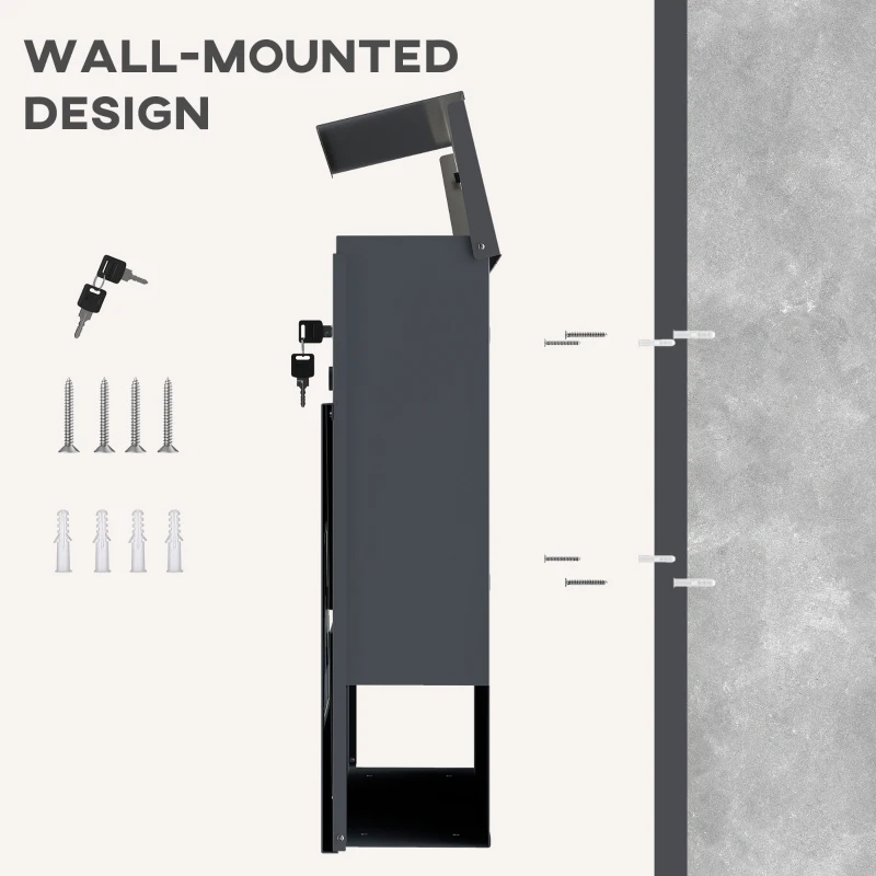 HOMCOM Brievenbus voor wandmontage, weerbestendig met krantenhouder en 2 sleutels voor buitenmuur, Donkergrijs