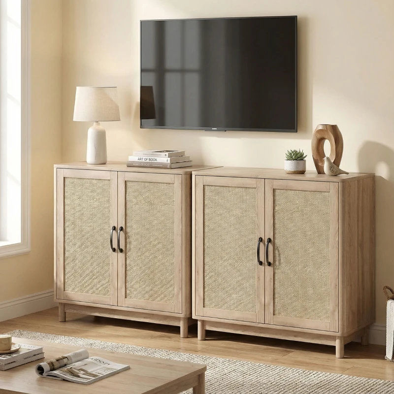 HOMCOM Buffet salon, meuble de rangement avec 2 portes en rotin, étagère réglable et bords arrondis, 76 x 35 x 75,5 cm, chêne