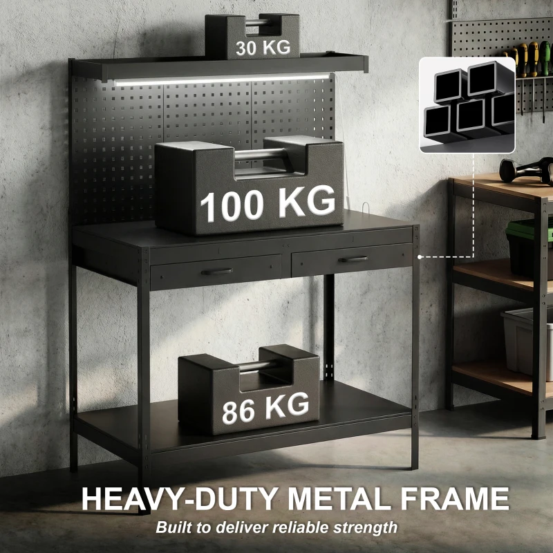 HOMCOM Banc de lucru 110 cm cu panou perforat, banc robust cu șină de prize și iluminare LED, Negru