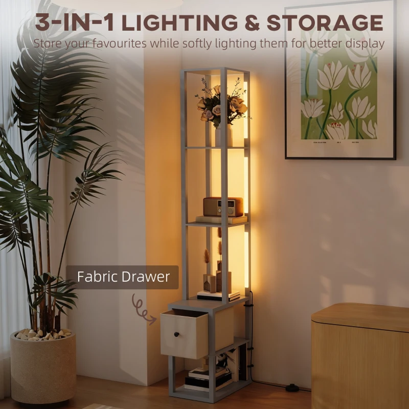 HOMCOM Floor Lamp with Shelves, LED Column Modern Standing Lamp with Fabric Drawer, Adjustable Brightness, Foot Switch for Living Room, Bedroom, Office, Grey