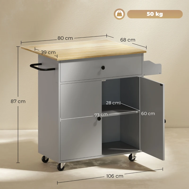 HOMCOM Desserte de cuisine sur roulettes, Îlot central cuisine tiroir étagère réglable support à épices et porte-serviette gris