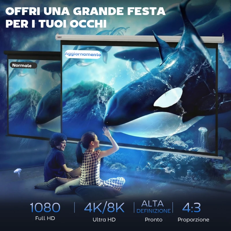 HOMCOM Telo Proiettore 84" Formato 4:3 con Telecomando, in Tessuto Plastico e Metallo, 171x130 cm, Bianco