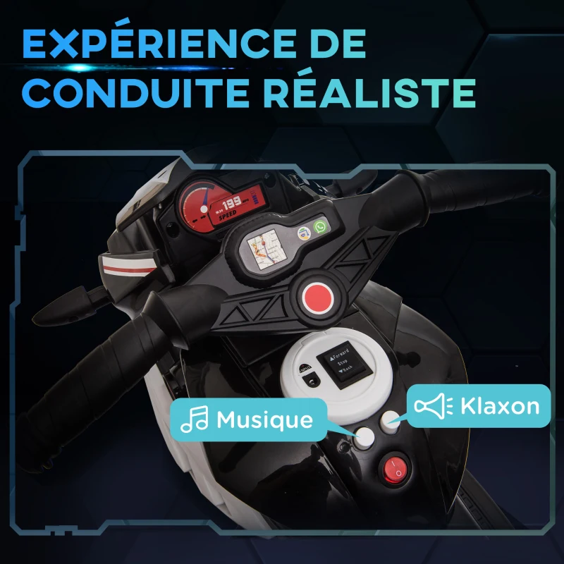 HOMCOM Moto électrique enfants 3 roues 6 V, voiture électrique enfants avec effets lumineux et sonores, vitesse max. 3 km/h, pour 3 à 5 ans, charge max. 25 kg, noir et blanc(m-4)
