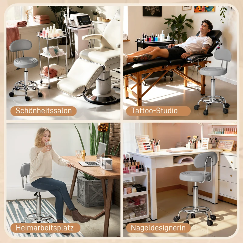 HOMCOM Rollhocker, Drehbarer und verstellbarer Hocker mit Rückenlehne, Kunstlederbezug, Fußstütze, für Frisiertische, Grau