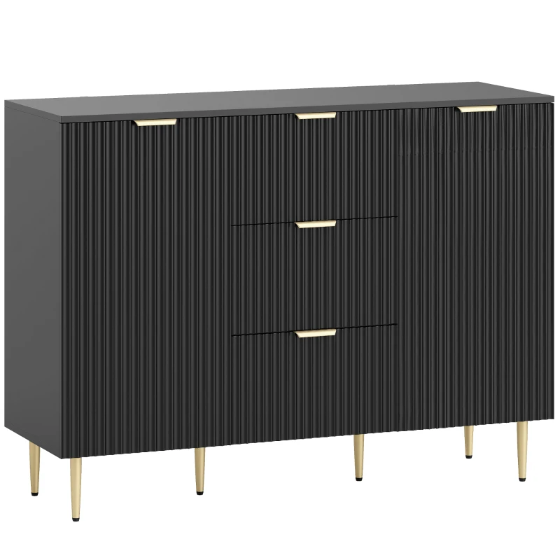 HOMCOM Buffet meuble cuisine rangement avec 3 tiroirs, étagères réglables, placards à portes cannelées, 120 x 40 x 90 cm, noir