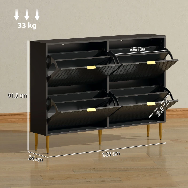 HOMCOM Schuhschrank für 20 Paar mit 4 klappbaren Schubladen, gerillten Türen und verstellbaren Einlegeböden, 105x24x91,5cm, schwarz