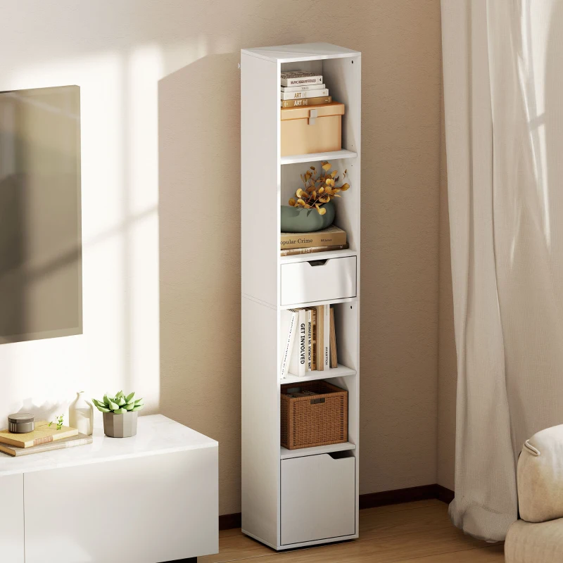 HOMCOM Libreria a 6 livelli, regolabile su 3 posizioni, con cassetto, anta, ripiano regolabile, espositore, pannello truciolare, bianco