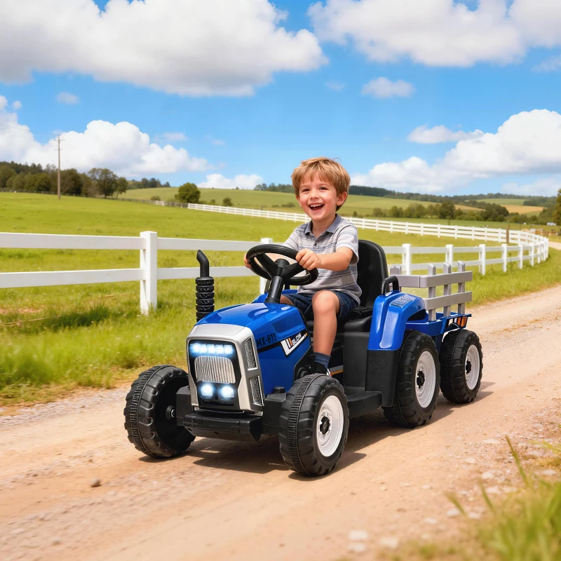 HOMCOM Traptractor kinderen elektrische kinderauto met aanhanger en afstandsbediening voor 3-6 Jaar Blauw(m-2)