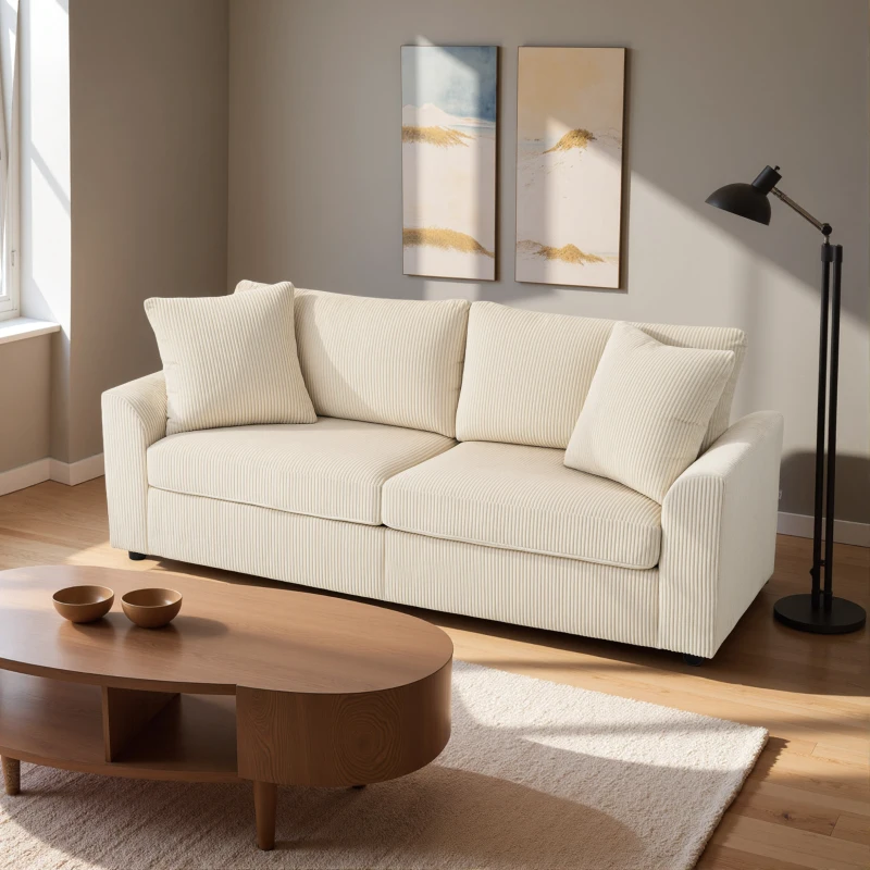 HOMCOM Sofá de 3 Plazas Tapizado en Pana con 2 Almohadas Reposabrazos y Cojín de Muelles para Salón 212x80x88 cm Crema