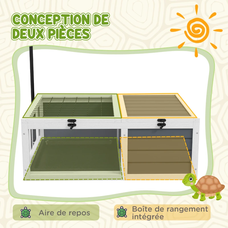 PawHut Maison enclos cage pour petit animal tortue avec 2 espaces support de lampe réglable 81 x 48 x 31,5 cm gris