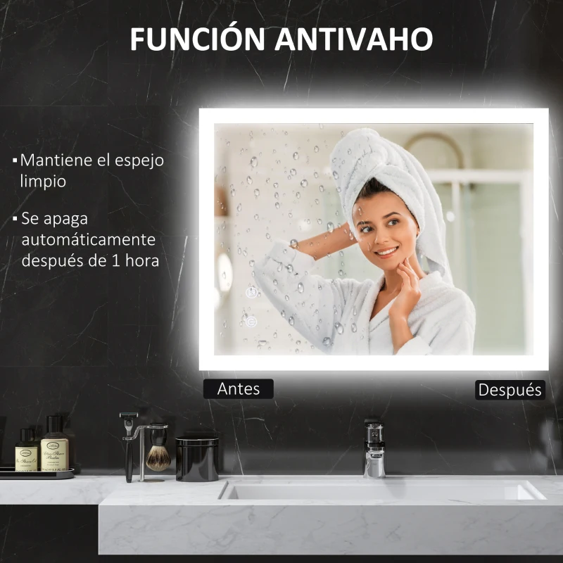 kleankin Espejo de Baño con Luces LED Regulable en 3 Colores 80x60 cm Función Antivaho Función de Memoria Interruptor Táctil