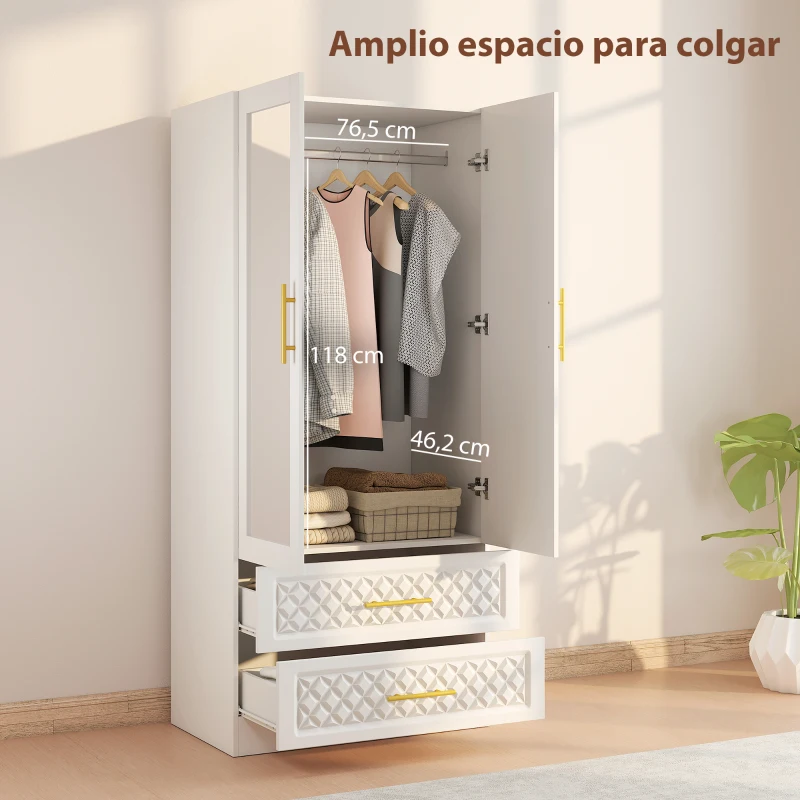 HOMCOM Armario Ropero con Espejo 2 Puertas y 2 Cajones Relieve de Diamante Barra para Colgar 80x50x180 cm Blanco
