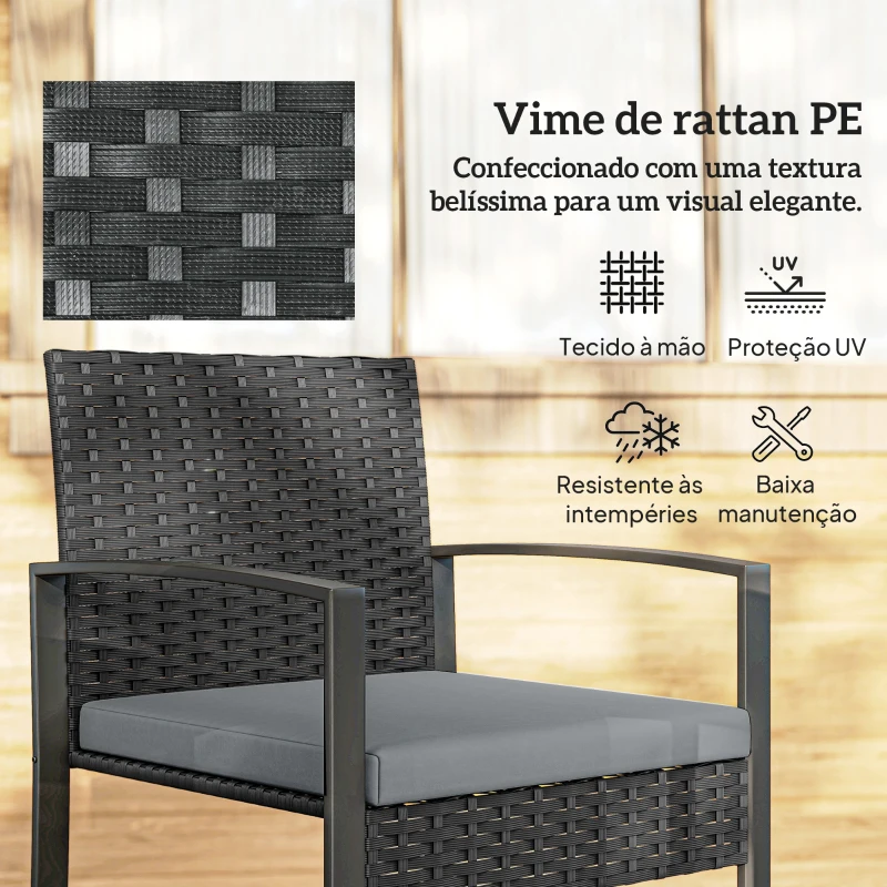 Outsunny Conjunto de Móveis de Exterior de 3 Peças em Vime PE com Cadeiras Mesa de Vidro Temperado e Almofadas Cinza Claro