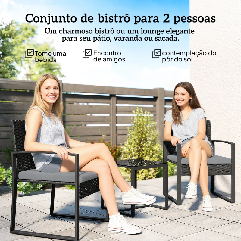 Outsunny Conjunto de Móveis de Exterior de 3 Peças em Vime PE com Cadeiras Mesa de Vidro Temperado e Almofadas Cinza Claro