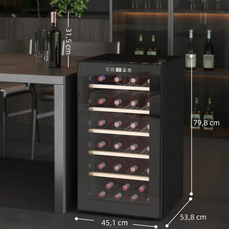 HOMCOM Cave à vin 41 bouteilles 91L réfrigérateur à vin silencieux avec porte en verre, éclairage LED, 45,1x53,8x79,8cm, noir