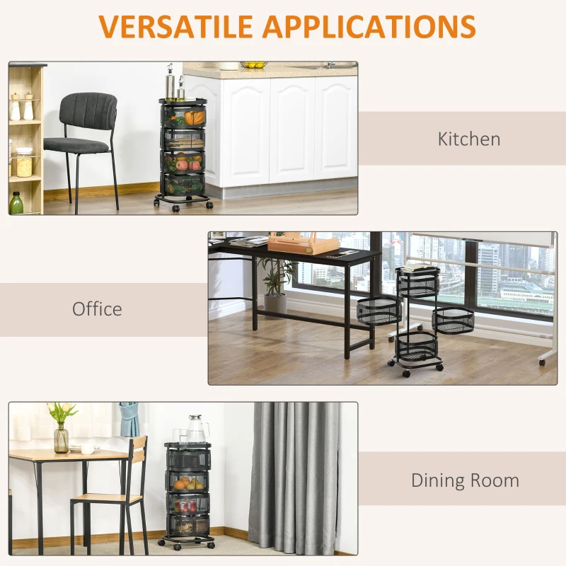 HOMCOM Wózek kuchenny z 4 poziomami, kosze z siatki, górna półka, obrotowe kółka, czarny