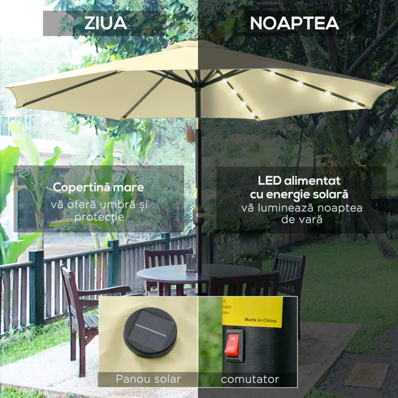 Outsunny Umbrelă de Grădină Inclinabilă Ø265 cm cu 32 Lumini LED Solare și Manivelă, Umbrelă de Exterior cu 8 Spițe, din Oțel, Poliester, pentru Terasă, Curte, Balcon, Bej