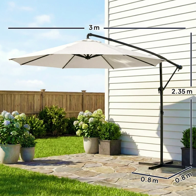 Outsunny 3 m Garden Cantilever Parasol with Cover, Round Overhanging Umbrella with 360° Rotation, Tilt, Cream White