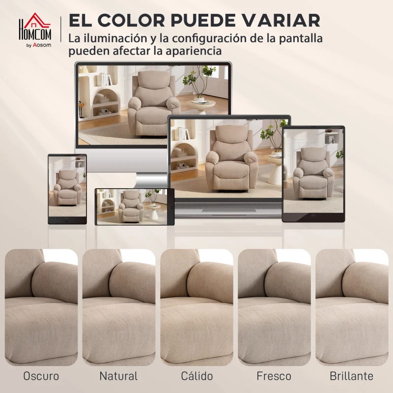 HOMCOM Sillón Relax Reclinable Manual Tapizado en Tela Aspecto Lino Reposapiés Reposabrazos Acolchado Grueso Beige