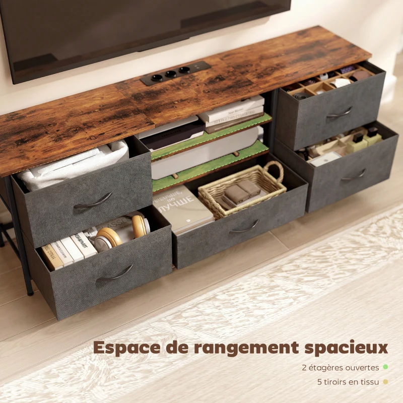 HOMCOM Meuble TV 140 cm, meuble télé 65 pouces, station de charge, 5 tiroirs en tissu, étagères ouvertes, 140x30x50cm, marron