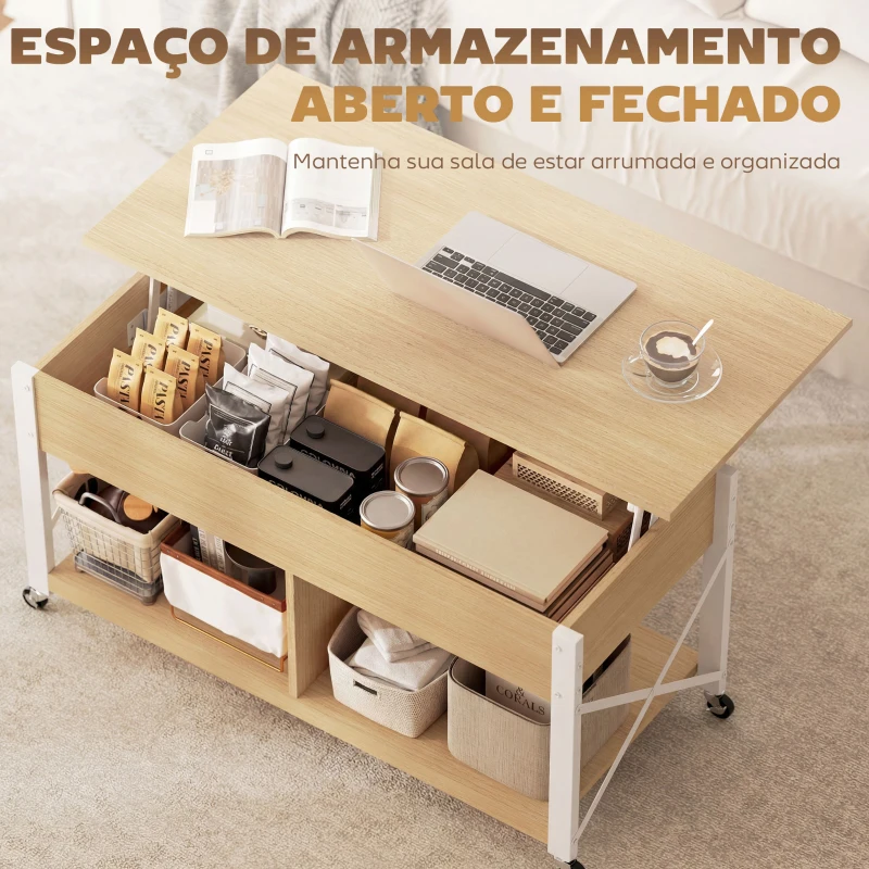HOMCOM Mesa de Centro Elevatória com Rodas Compartimento Oculto e Prateleiras Abertas 105x50x67 cm Madeira e Branco