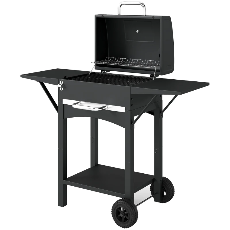 Outsunny Charcoal grill with lid, BBQ smoker grill with 2 side tables Large grill area Grill grate Thermometer Wheels