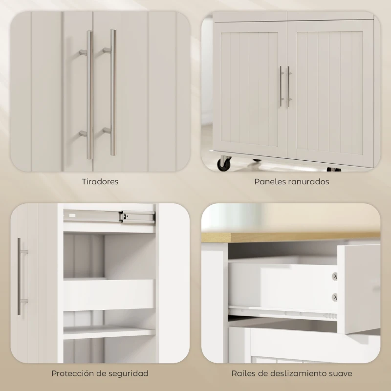 HOMCOM Isla de Cocina con Ruedas Encimera Plegable 2 Puertas con Cierre Suave Bandeja Extraíble 2 Cajones Blanco