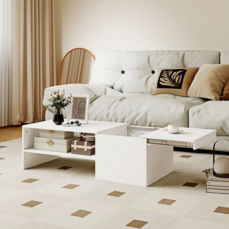 HOMCOM Table basse rectangulaire, table d'appoint plateau coulissant, rangement caché, étagère ouverte, 110 x 52 x 36 cm, blanc