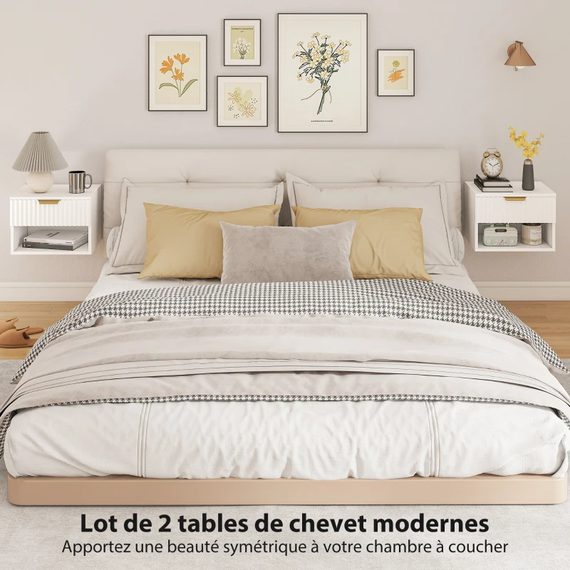 HOMCOM Lot de 2 tables de chevet suspendues, tables de nuit murales avec tiroir et niche, moderne, 40x34x29cm, blanc