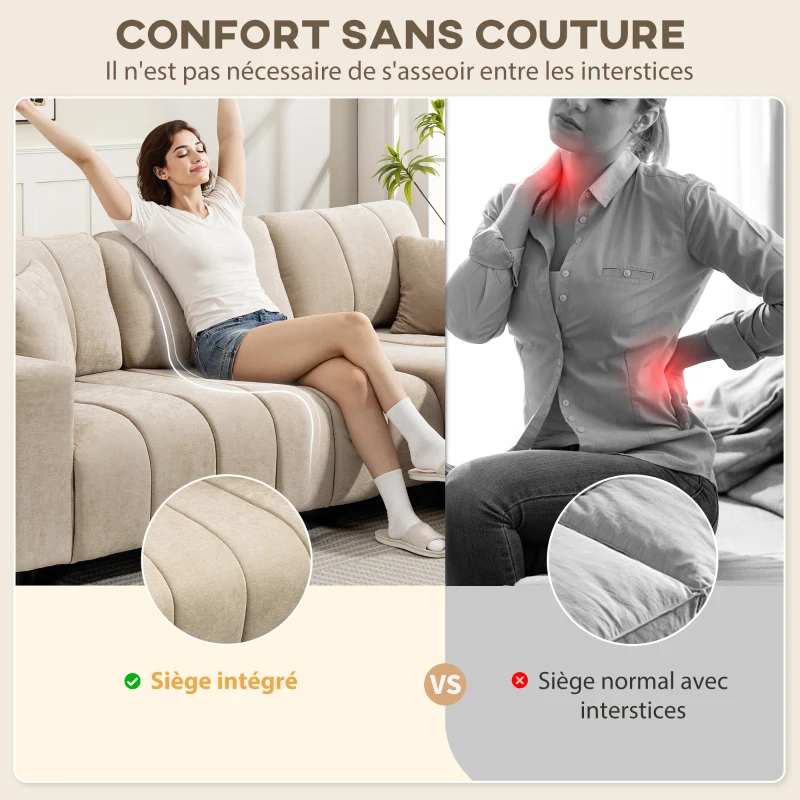 HOMCOM Canapé d'angle réversible, canapé 3 places avec méridienne, 2 oreillers, cadre en acier, 242x156x87cm, beige(m-5)