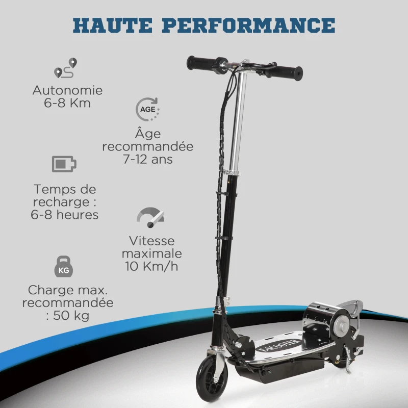 HOMCOM Trottinette Électrique 120 W Pliable pour adolescents 10 Km/h Max. Hauteur Guidon Réglable 2 Roues en PU Coloris Noir et Argent