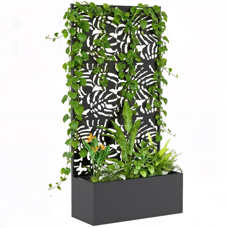 Outsunny Jardinera con celosía, macetero con pantalla, para plantas trepadoras, metal, 90 x 37,5 x 180 cm, negro