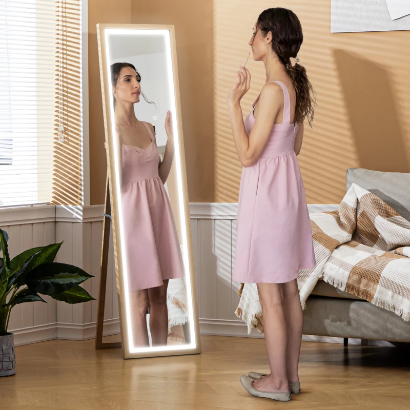 HOMCOM Grand miroir pleine longueur, miroir mural ou sur pied rectangulaire, 40 x 160 cm avec éclairage LED 3 couleurs, chêne