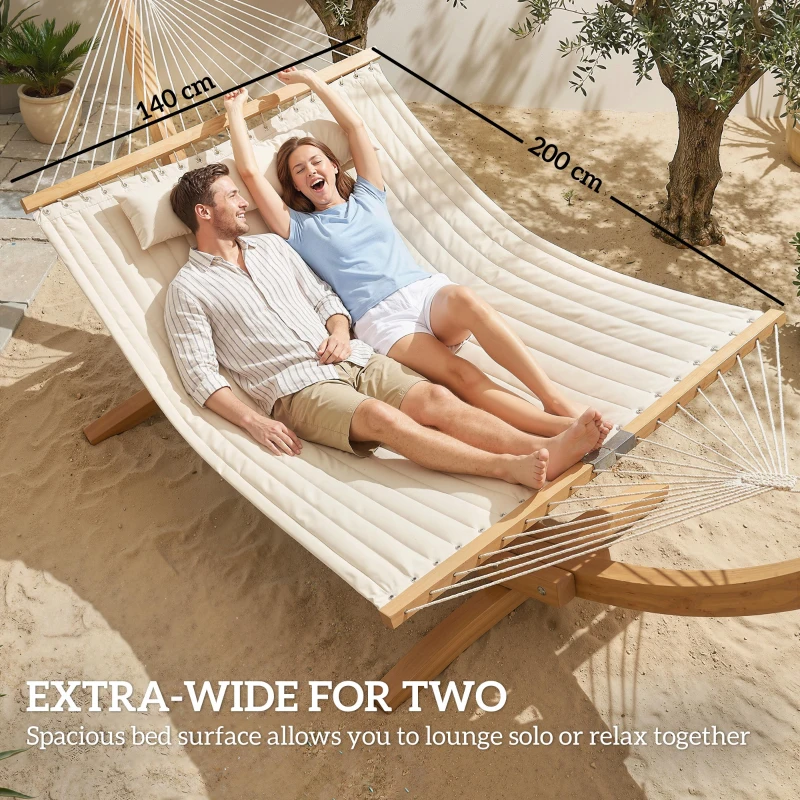 Outsunny Hängematte Outdoor 200x140cm, zweilagig Hängematte mit Kopfstütze Magazintasche Holzstäbe bis 200kg