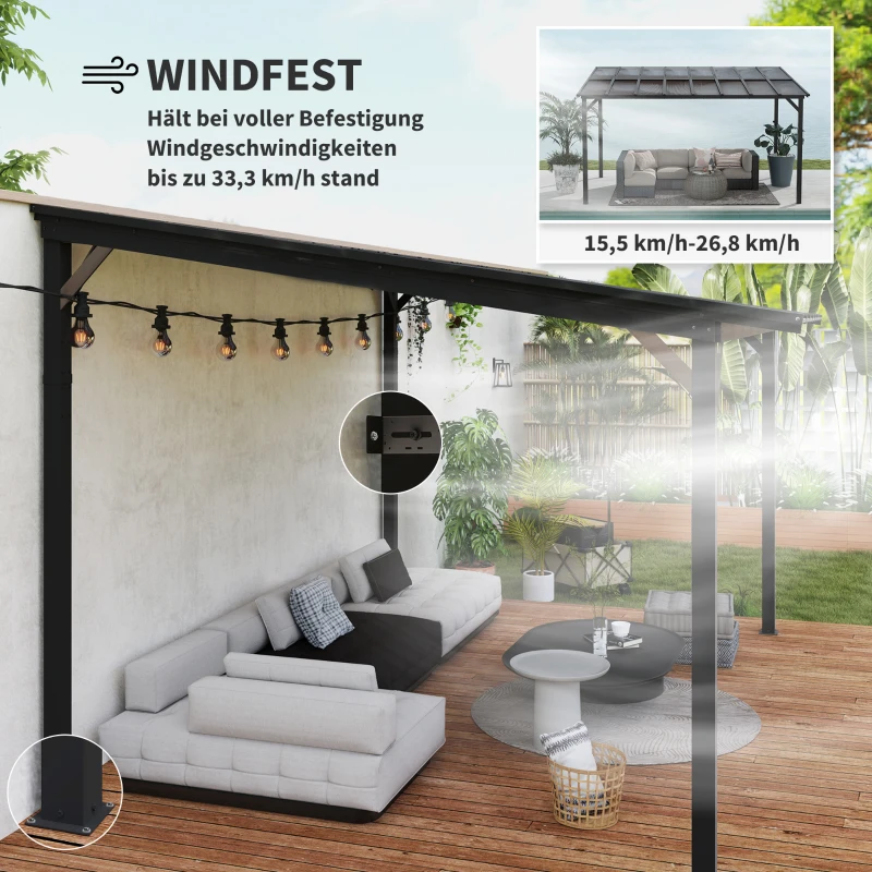 Outsunny Terrassenüberdachung ca. 3 x 4,3m freistehende Terrassendach mit schrägen Polycarbonat-Dach Wandmontage Dunkelgrau