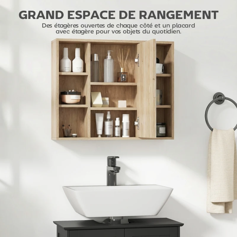 HOMCOM Meuble salle de bain avec miroir, placard à portes et 6 compartiments ouverts, 60 x 14,5 x 49,4 cm, bois naturel