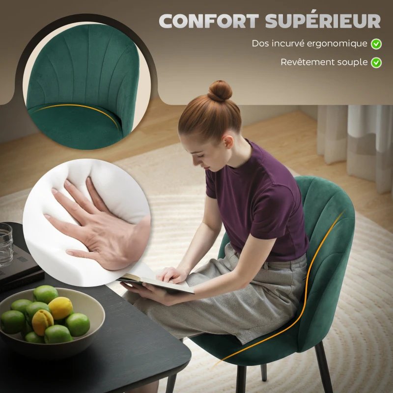 HOMCOM Lot de 2 chaises de salle à manger, chaises de cuisine rembourrées sans accoudoirs, pieds en acier, 52x55x79cm, vert