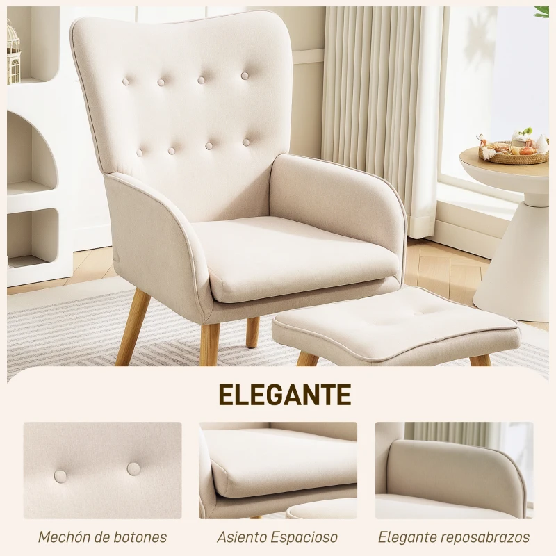 HOMCOM Sillón con Reposapiés Sillón Lectura con Respaldo Alto Capitoné Patas de Madera y Tapizado en Lino Beige