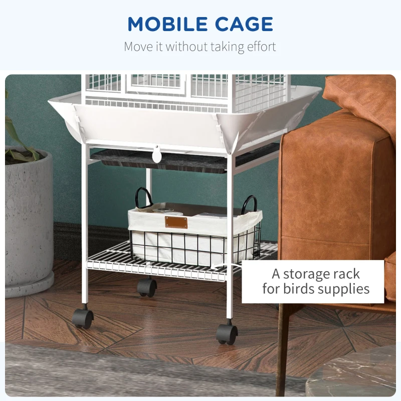 PawHut Klatka dla ptaków, klatka dla papug z 3 drzwiami, 2 żerdziami, kółkami 360°, miską na karmę, półką, wyjmowaną tacą, 62,5x62,5x156 cm, biały