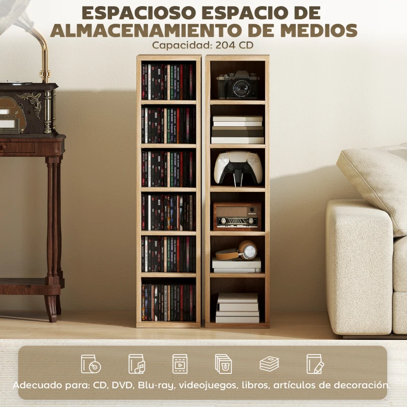 HOMCOM Set de 2 Estanterías para CDs y DVDs con 12 Compartimentos Estantes Ajustables 21x22,5x88,5 cm Roble