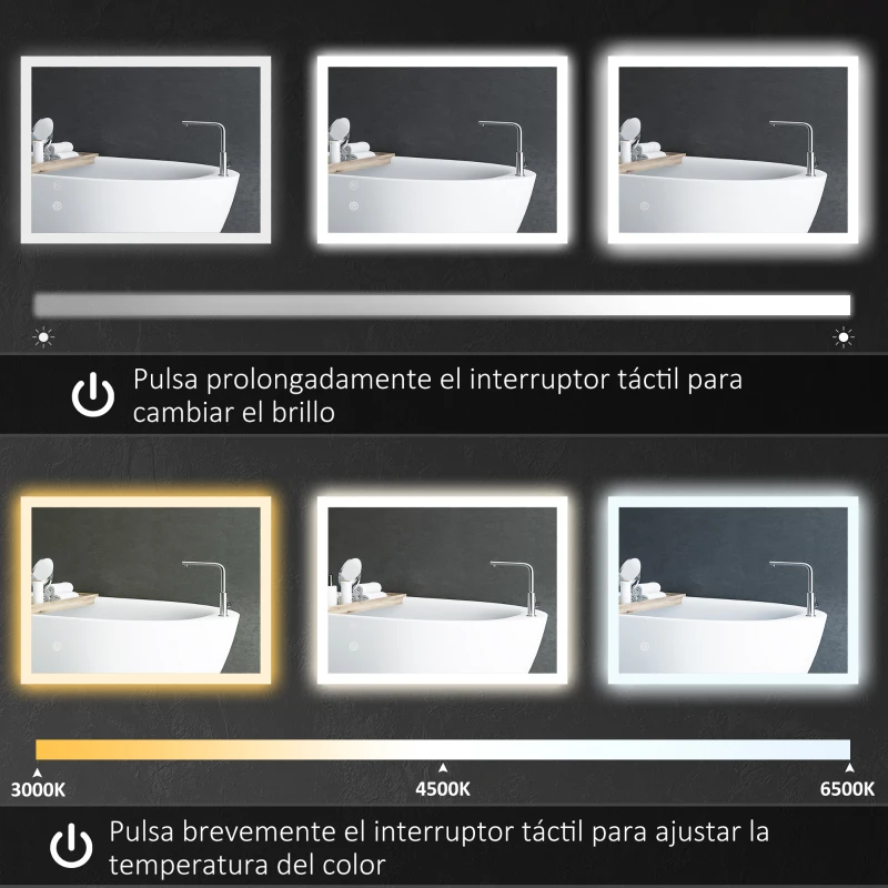 kleankin Espejo de Baño con Luces LED Regulable en 3 Colores 80x60 cm Función Antivaho Función de Memoria Interruptor Táctil