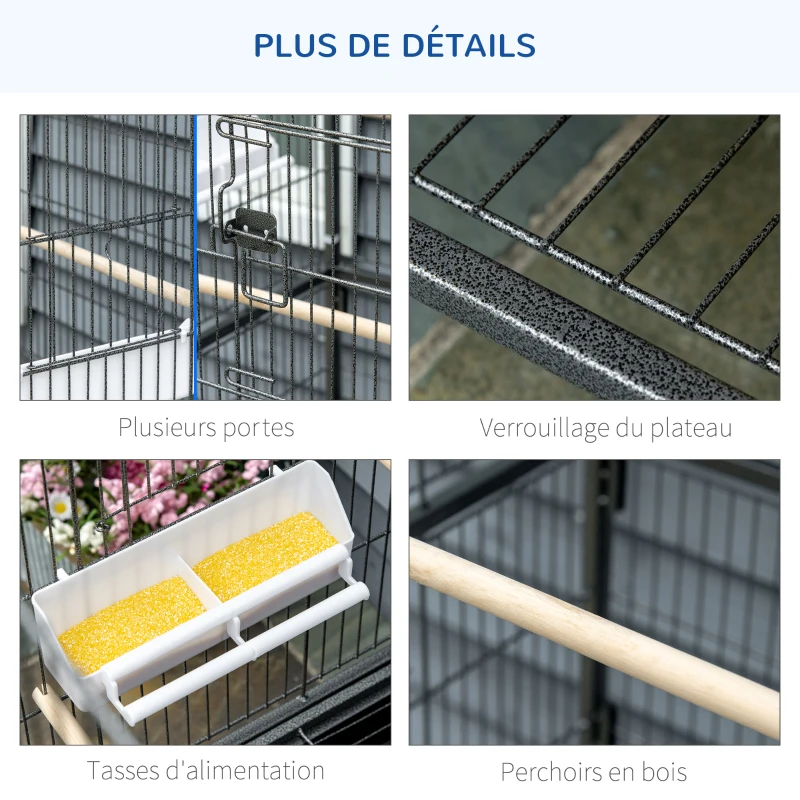 PawHut Cage à oiseaux sur pied volière oiseaux intérieur 4 perchoirs en bois et mangeoires fil d'acier gris foncé