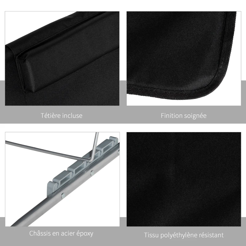 Outsunny Lot de 2 Tapis de Plage rembourré - Matelas de Plage - nattes de Plage - Dossier inclinable Multi-Positions - Sac Transport Inclus - métal Polyester PE Noir