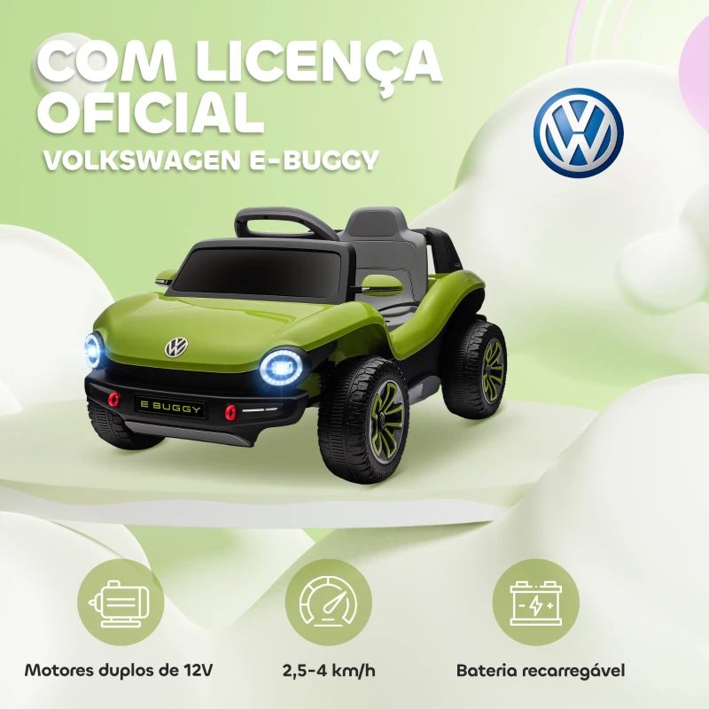 AIYAPLAY Carro Elétrico para Crianças Volkswagen E-Buggy Bateria 12V com Controlo Remoto 2,4 G Faróis LED Música USB 98x56,5x47 cm Verde