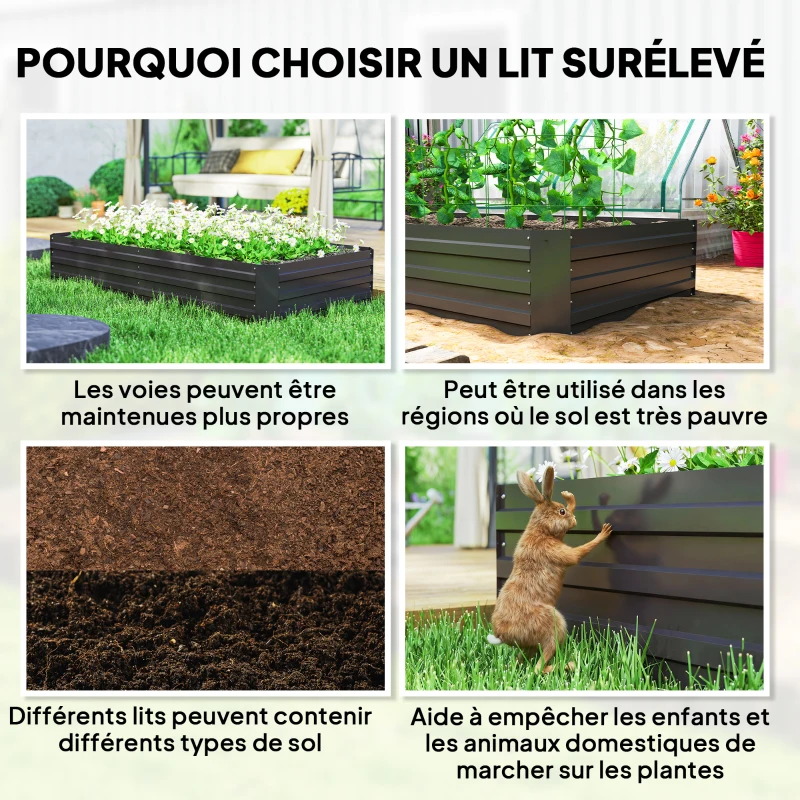 Outsunny Carré potager jardinière rectangulaire en acier galvanisé tuteurs pour tomates et plantes grimpantes 180 x 90 x 29,5 cm