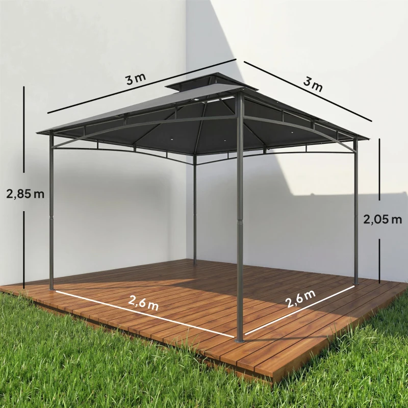 Outsunny Pavillon 3x3m Wasserdicht Stabil Winterfest Gartenpavillon mit zurückziehbar Obenrahmen Doppeldach Dunkelgrau