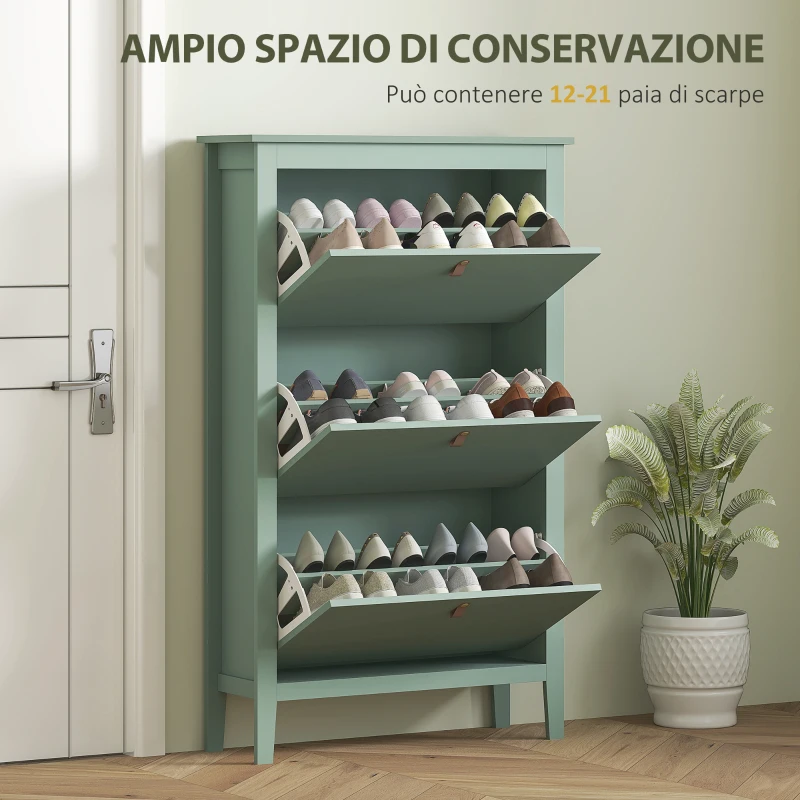 HOMCOM Mobile portascarpe 14 paia, con 3 cassetti ribaltabili, ripiani regolabili, Verde