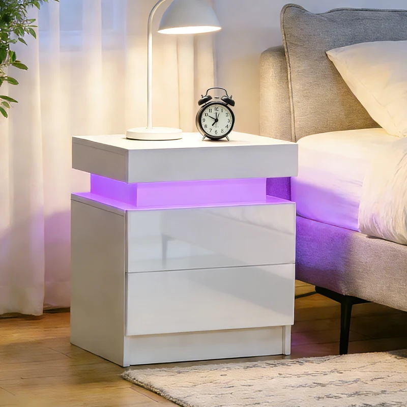 HOMCOM Table de chevet table de nuit lumière LED RVB panneau haute brillance avec 2 tiroirs pour salon chambre à coucher blanc
