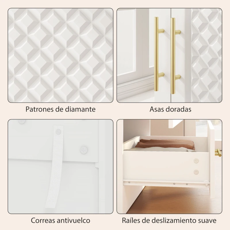 HOMCOM Armario Ropero con Espejo 2 Puertas y 2 Cajones Relieve de Diamante Barra para Colgar 80x50x180 cm Blanco